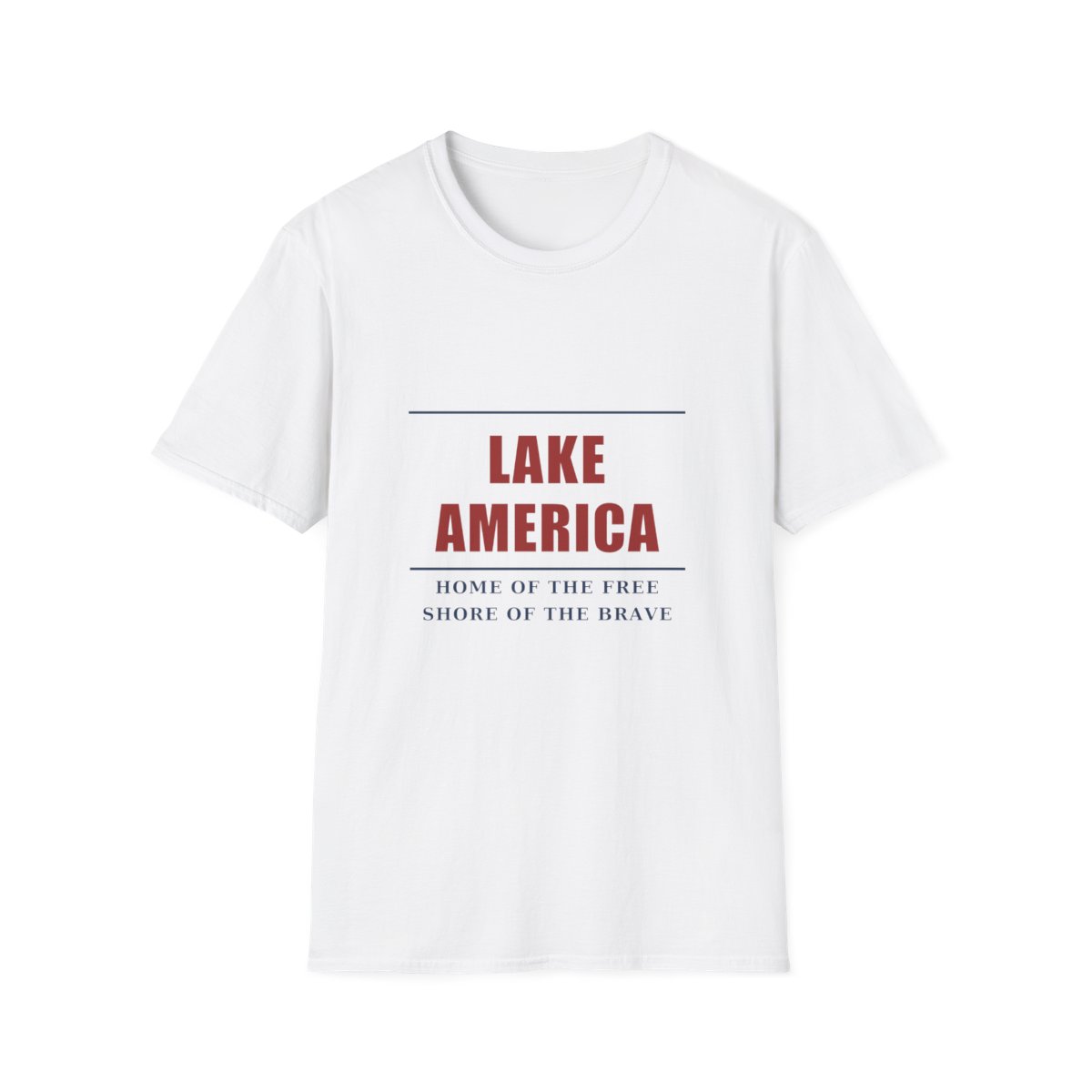 White tee: LAKE AMERICA in red between navy rules, with HOME OF THE FREE, SHORE OF THE BRAVE